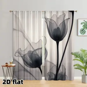 2D Flat 2Pcs Tulip Flower Printed Curtains, Transparent Black Grey Floral Design, Rod Pocket Style, Semi Sheer Polyester, Modern Minimalist Art Window Panels for Living Room Bedroom Kitchen Balcony Decor, Elegant Shadow Effect, Easy to Clean