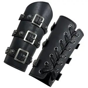 HiiFeuer Medieval PU Leather Buckle Arm Bracers, Knight LARP Retro Renaissance Arm Guards, One Size One Pair   Faux Leather  Protective Gear Outfit
