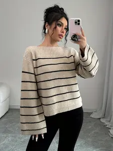 Women's Loose-Fitting Stylish Comfortable Outdoor Sweater, Floral Striped Long Sleeve Knit Top for Spring Autumn Winter, Versatile Cozy Casual Wear Knitwear