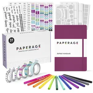 PAPERAGE Journaling & Scrapbooking Kit, With Dotted Notebook, Fineliner Pens, Stickers, Stencil Sheets & Washi Tapes