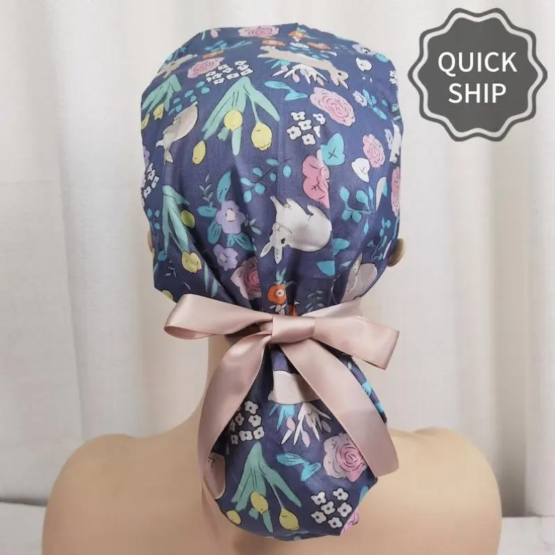 Bunny Ponytail Scrub Cap With Buttons,Print,Women Long Hair,Easter Bunny Hats,Nurse Day Gifts