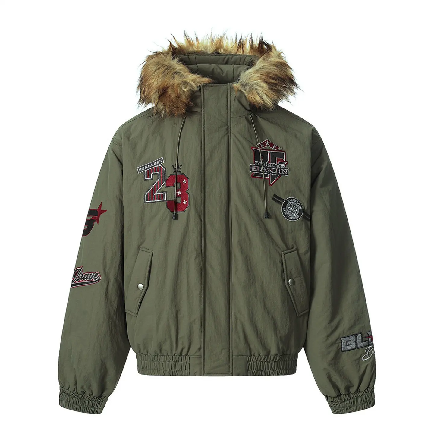 Inflation Faux Fur Trim Hood Padded Bomber Jacket Varsity Patch Embroidered Oversized Streetwear Winter Outerwear Layering 2026 Winter