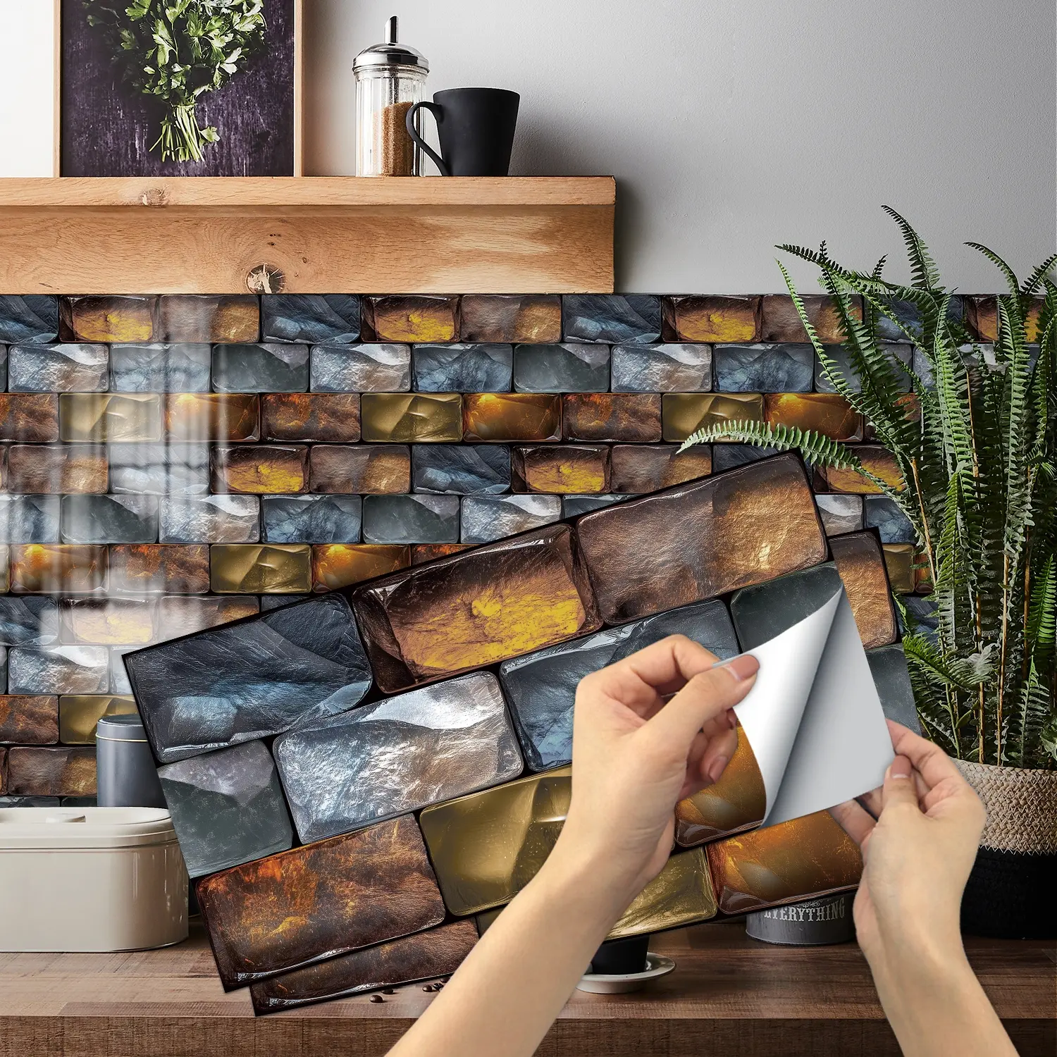 6 Piece Brick Style Decorative Stickers, Colorful Self-Adhesive Wall Decals, Realistic Stone Look, Perfect for Kitchen & Living Room Renovation