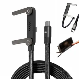 Invisible Holder Charger Cable with Stand 240W Super Fast Charging 2-in-1 Fast Charging Cord & Phone Stand for Gaming Office Car Travel Type-C Charging Cable Black data