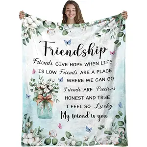 Best friend blanket - soft flannel comfortable gift for all seasons, with flower and butterfly friendship quotes, blue-green "friendship" letter design, gift for soul sisters's birthday or housewarming, and creative gift for friends