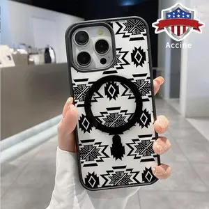 Magnetic Phone Case Supports Wireless Charging for iPhone 17 16 Pro Max 15 14 13 12 11 Air Plus XR XS Western Noir Elements Pattern Non-Yellowing Silicone Transparent Acrylic Drop Protective Cover.