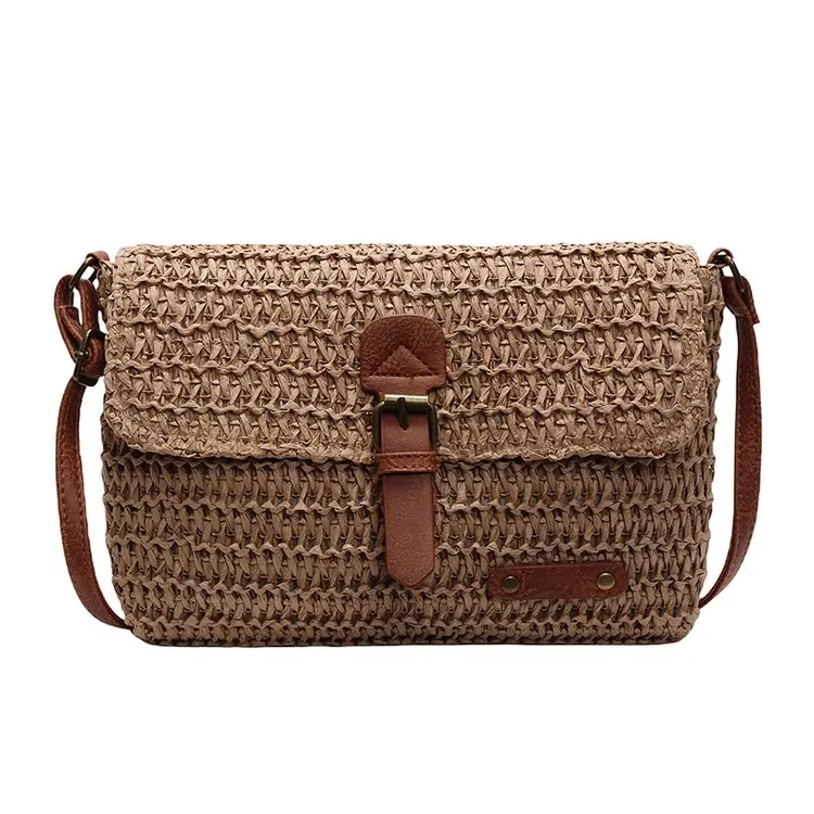 Women's Hollow Woven Straw Crossbody & Shoulder Bag - Faux Leather Buckle Flap, Adjustable-Chain Customizable Interchangeable Cross-Body Straps, Small Square Casual Handbag for Summer Beach Vacation, Interchangeable Straps Women's Crossbody & Shoulder Bag