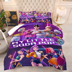 K-Pop My Little Soda Pop Anime Comforter Set, Soft Breathable All Season Bedding, Neon Idol Group Print Quilt, 1 Quilt + 1/2 Pillowcases, Washable Comfortable Bed Linen for Teens, Bedroom Dorm Apartment Decor, Multi Sizes Available