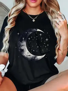 100% Cotton Stars and Moon Night Sky Galaxy Aesthetic Graphic Lovers T-Shirt