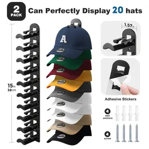 2 Pack Hat Organizer For Baseball Cap Hold up to 20 Hats Wall Mounted Hat Rack On Wall with Strong Adhesive and Wall Drilled wo Mounting Option for Door Bedroom Closet Easy Access Display Hat Hanger Holder Multilayer Decoration Saving-sapce Hat Hook
