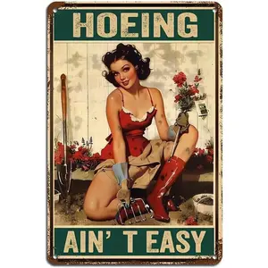 Vintage Girl Hoeing Ain't Easy Aluminium Metal Tin Sign 16x12 Inch Tin Poster Wall are Decor New