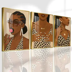 3 Count Aluminum Alloy Frame Canvas, Fashion Poster, Leopard Print Woman Jewelry Art, Modern Living Room Decoration, Light Luxury Family Art, Suitable For Bedroom, Corridor And Office Wall Decor, Gift