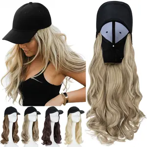 16" Women Baseball Cap Hat with Synthetic Hair As Human Hair Long Curly Wavy Wig Long Cap Fake Wigs