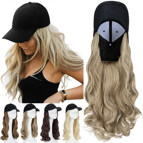 16" Women Baseball Cap Hat with Synthetic Hair As Human Hair Long Curly Wavy Wig Long Cap Fake Wigs