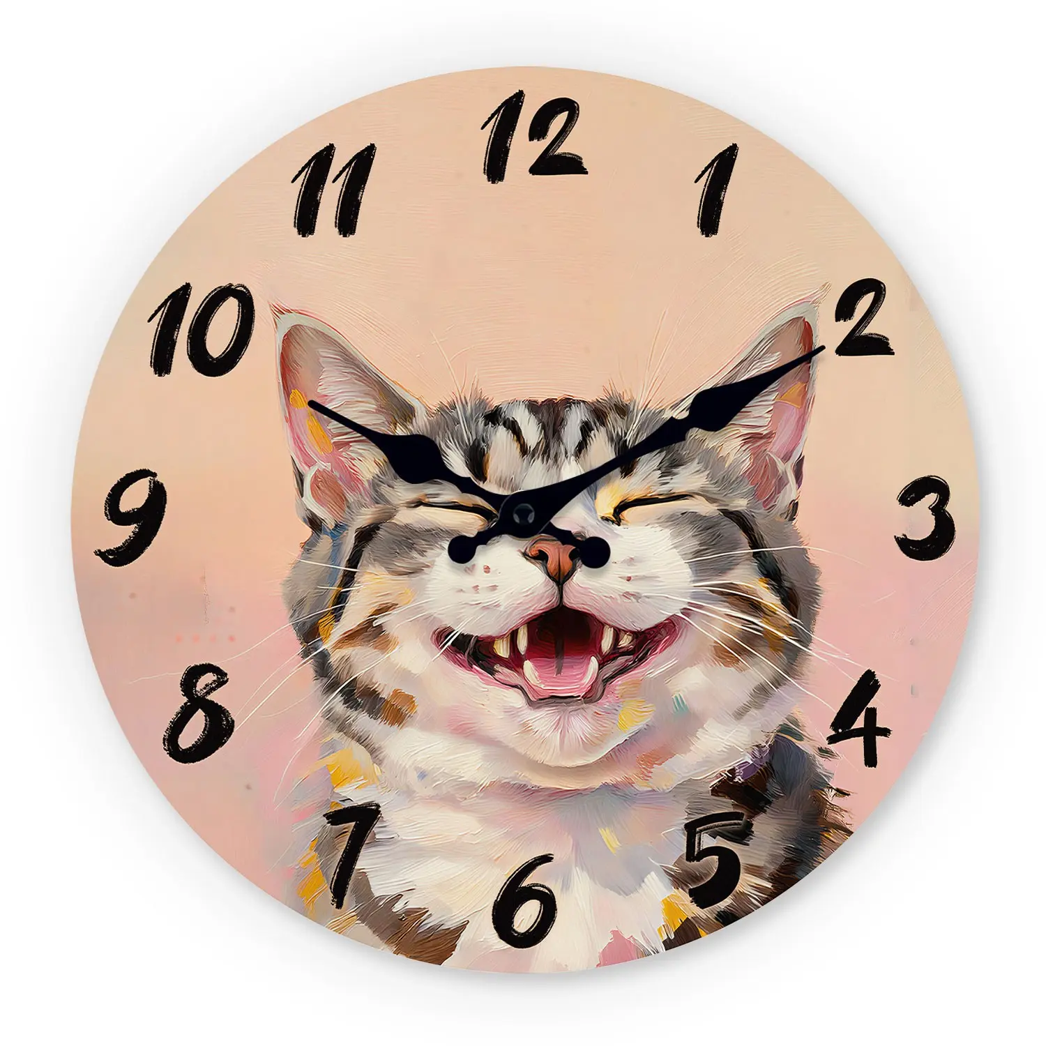 Cartoon Cat Smiling Wooden Wall Clock, Silent 10-14 Inch Battery Operated, Perfect for Living Room Bedroom Office, Mother's Day Easter April Fools'