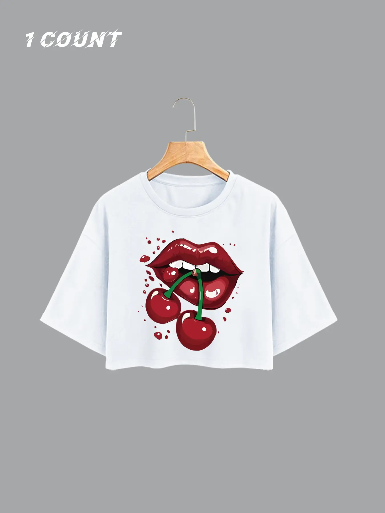Women's Summer Casual Loose-Fit Round Neck Cherry Graphic Print Cropped T-Shirt, Short Sleeve Drop Shoulder Top for Yoga Vacation Daily Wear