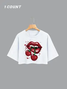 Women's Summer Casual Streetwear Loose-Fit Cropped Round Neck Graphic Print Geometric Cherry T-Shirt, Short Sleeve Drop Shoulder Top for Yoga Vacation Daily Wear Womenswear