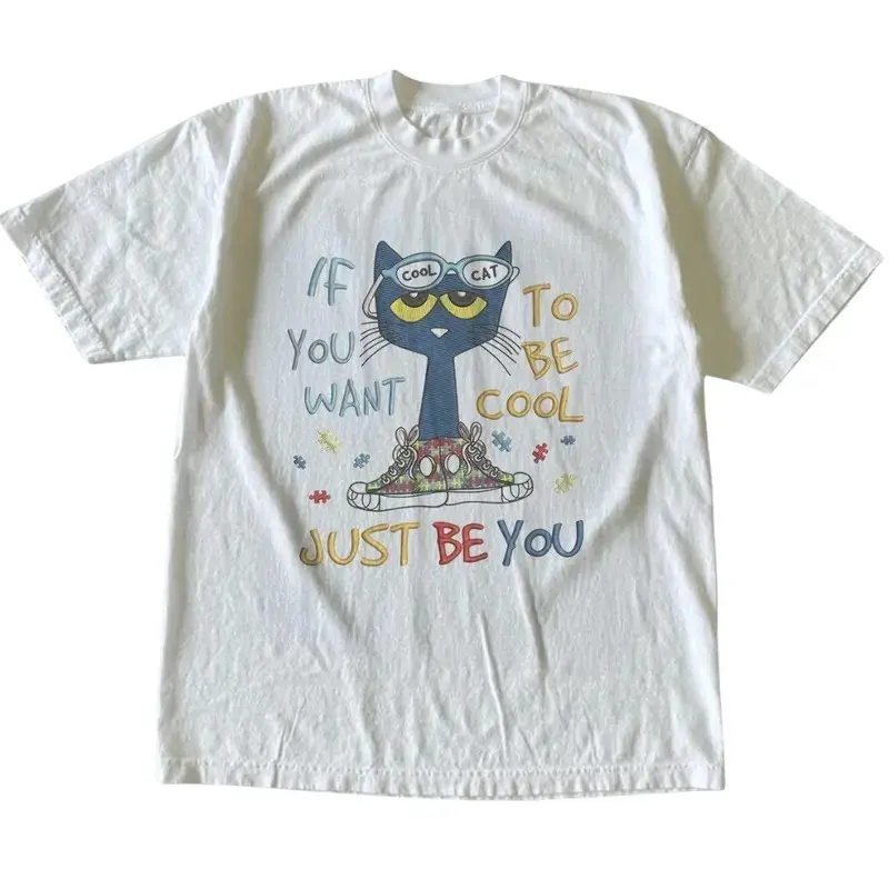 If You Want To Be Cool Just Be Yourself Pete Cat T-Shirt, Animal Tee, Cartoon Tshirt, Gifts Shirt, Unisex Vintage Graphic Tees Gothic Grunge Y2k Emo Scene Amity Affliction Style Clothes Men Women Streetwear