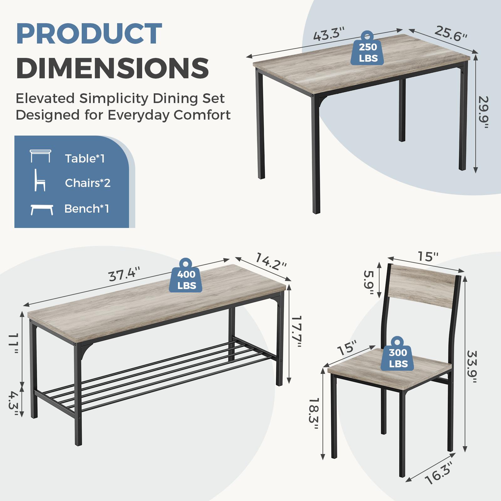 4-Piece Industrial Dining Table Set, Kitchen Table, Space Saving Dinette for Kitchen, Dining Room, Small Space, Breakfast Nook, Living Room, Party Extendable Kitchen Table with Benches Chairs, Modern Breakfast Dinette Dining Room Set for 4/6/2