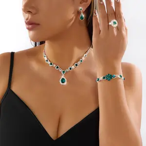Light Luxury Green Crystal Water Drop Jewelry Set For Women Full Rhinestone Zircon Necklaces Bracelet Ring Earrings Wedding Gift