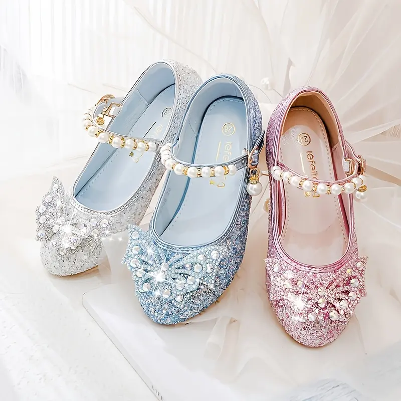 Children Girls High Heels, Sparkly Sequin Princess Dress Shoes, Suitable for Party, Spring and Summer, Butterfly Flower Pearl Decoration