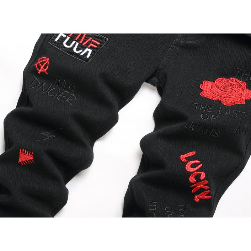 Boy's Embroidered Skinny Jeans Slim Fit Ripped Destroyed Distressed Fashion Denim Pants Black Jeans