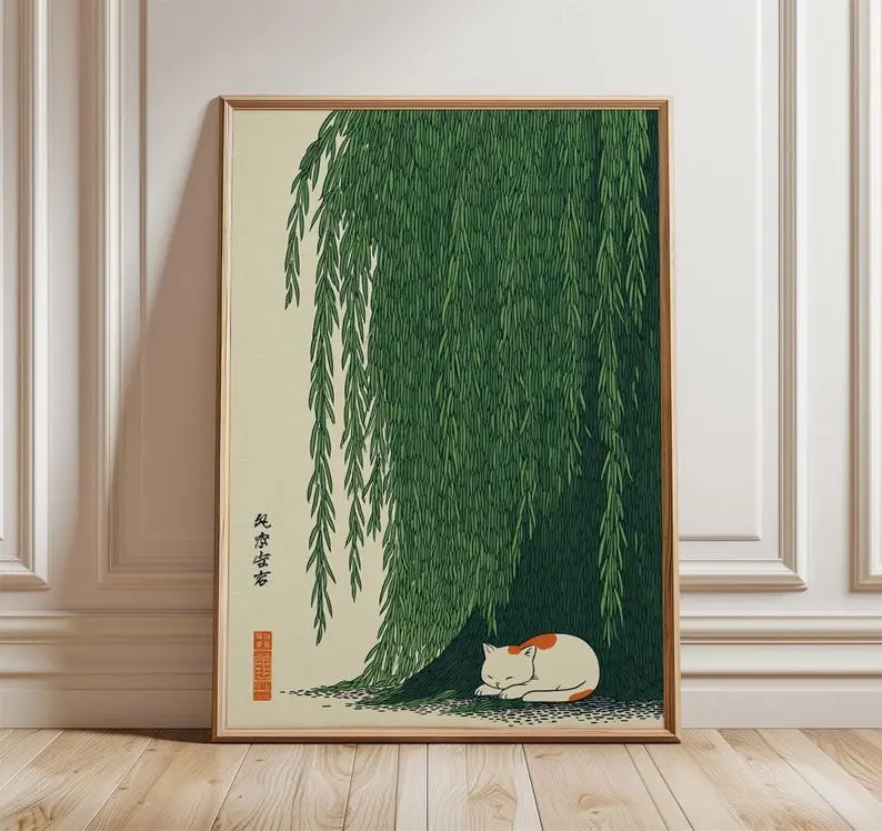 [Sale off up to 50%] [Free ship] [No Frame] Cat Under Willow Tree Wall Art, Japanese Style Print, Green Nature Poster