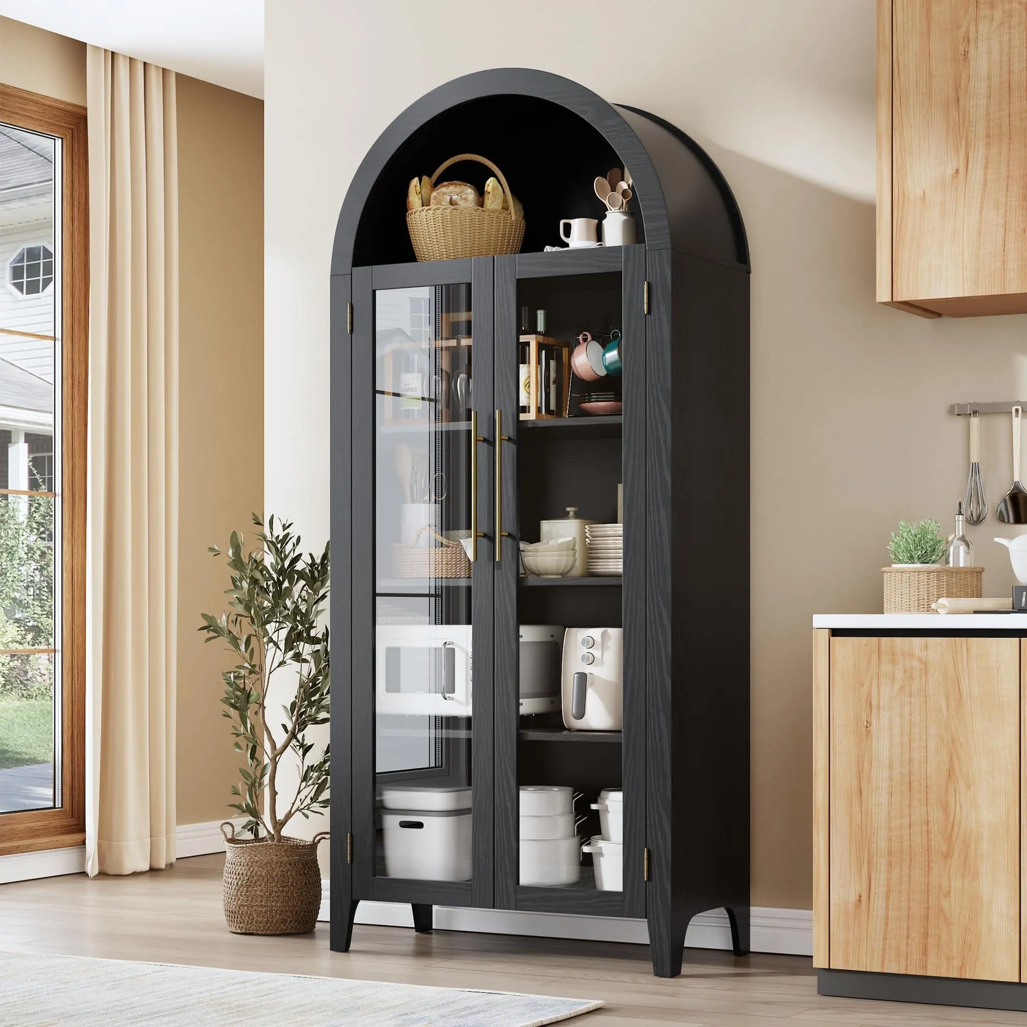 GAOMON Arched Kitchen Pantry Cabinet, 63in Tall Farmhouse 5-Tier Bookcase with Adjustable Shelf and 2 Glass Doors, Storage Cabinet for Kitchen, Dining Room, Living Room, Black