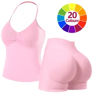 Sports Sets for Women Seamless Halter Tank Top with High Waist Shorts Set for Yoga and Fitness, Breathable & Comfortable Activewear Summer Two-Piece