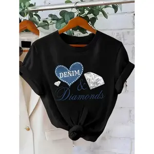 Denim Heart And Diamond Graphic Tee Unisex Top Cute Casual Crewneck Short Sleeve T Shirt Soft Lightweight Streetwear Everyday Outfit Gift