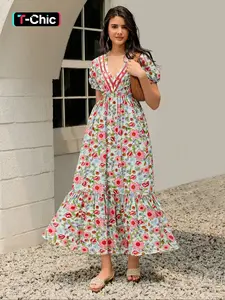 Women's Floral Print Dress, Boho Fashion Casual V Neck Short Sleeve Long Dress for Beach Holiday Vacation, Ladies Dress for Summer, Casual Boho Bohemian