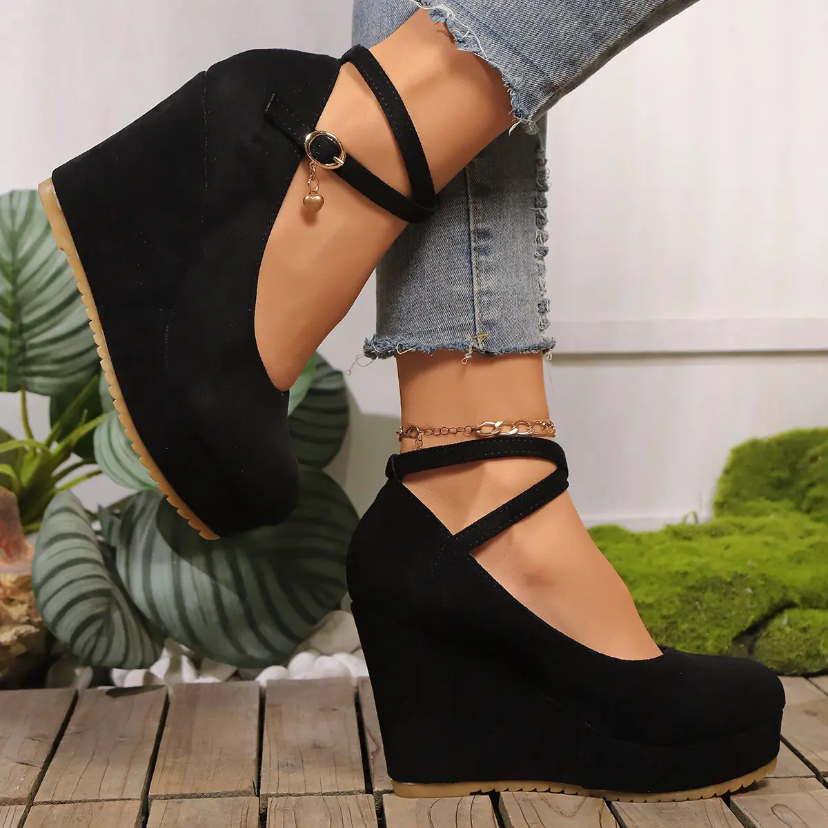 Women's Classy Stylish Elegant Suede Platform Wedge High Heels - Fashion Single-Strap Footwear Pumps, Heeled