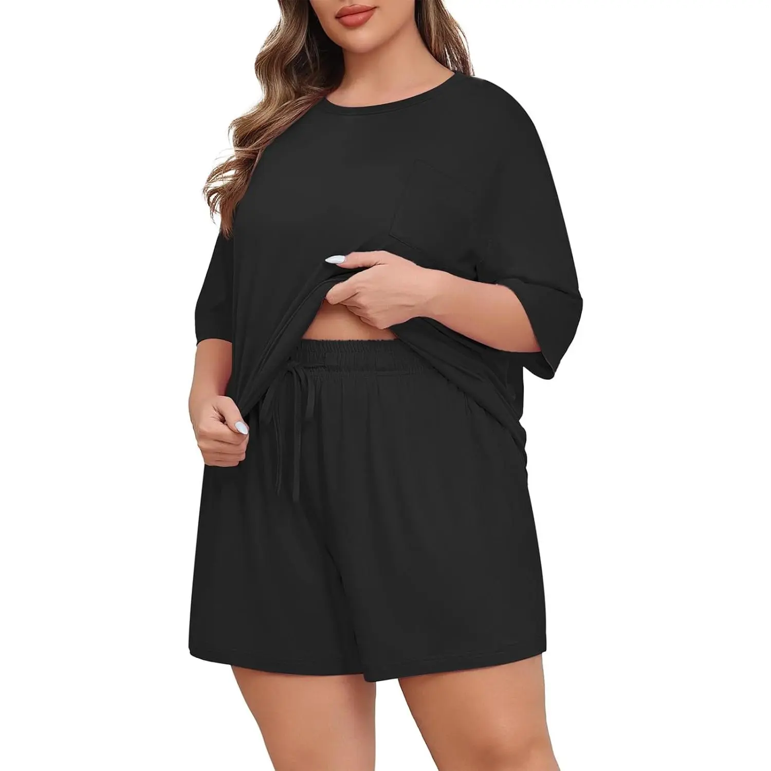 Women's Plus Size Print Pajama Set, Soft Knit 2-Piece Sleepwear with Pockets, Short Sleeve Top & Shorts for Pregnancy, Bridal Party, Maternity, Lady, Mid Rise, 3X, Breathable Fabric, Loose Fit Ease