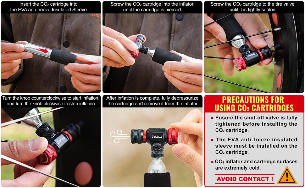 CO2 Inflator with 6x16g CO2 Cartridges - Presta and Schrader Valve Compatible Portable Bike Tire Pump with Insulated Sleeve for Road and Mountain Bicycle