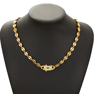 14K gold-plated Cuban link chain necklace with CZ buckle clasp | Waterproof & tarnish-resistant | Hip hop statement choker for men and women | TikTok trending jewelry gift rapper Hypoallergenic Bracelet Stainless Steel Miami spicy accessories men's