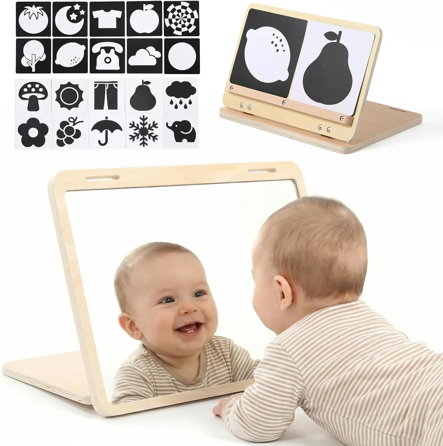 Montessori Wooden Tummy Time Floor Mirror and Learning Play Set for Parents, Large Baby-Safe Mirror with Adjustable Stand & High Contrast Sensory Cards, Unisex, Long-Term Nursery Essential, Memory Training And Observation, Adjustable Angle, 0 - 3 Years