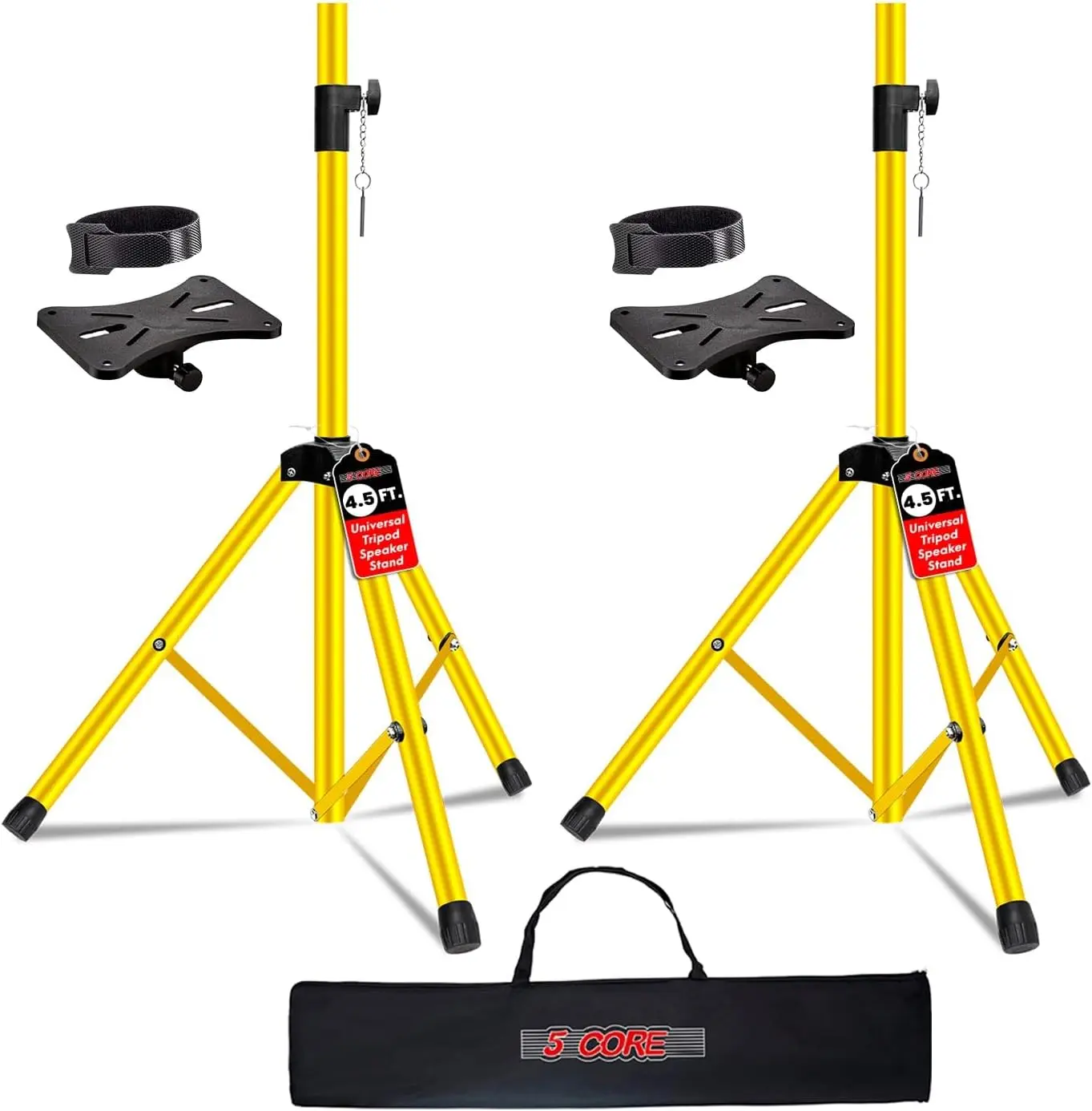 5 Core Speaker Stand Tripod Heavy Duty Adjustable Pair for PA DJ Stage & Event Telescoping Height up to 54″ Universal 35 mm Mount with Carry Bag Yellow - SS HD 2 PK 4.5 FT YLW WB
