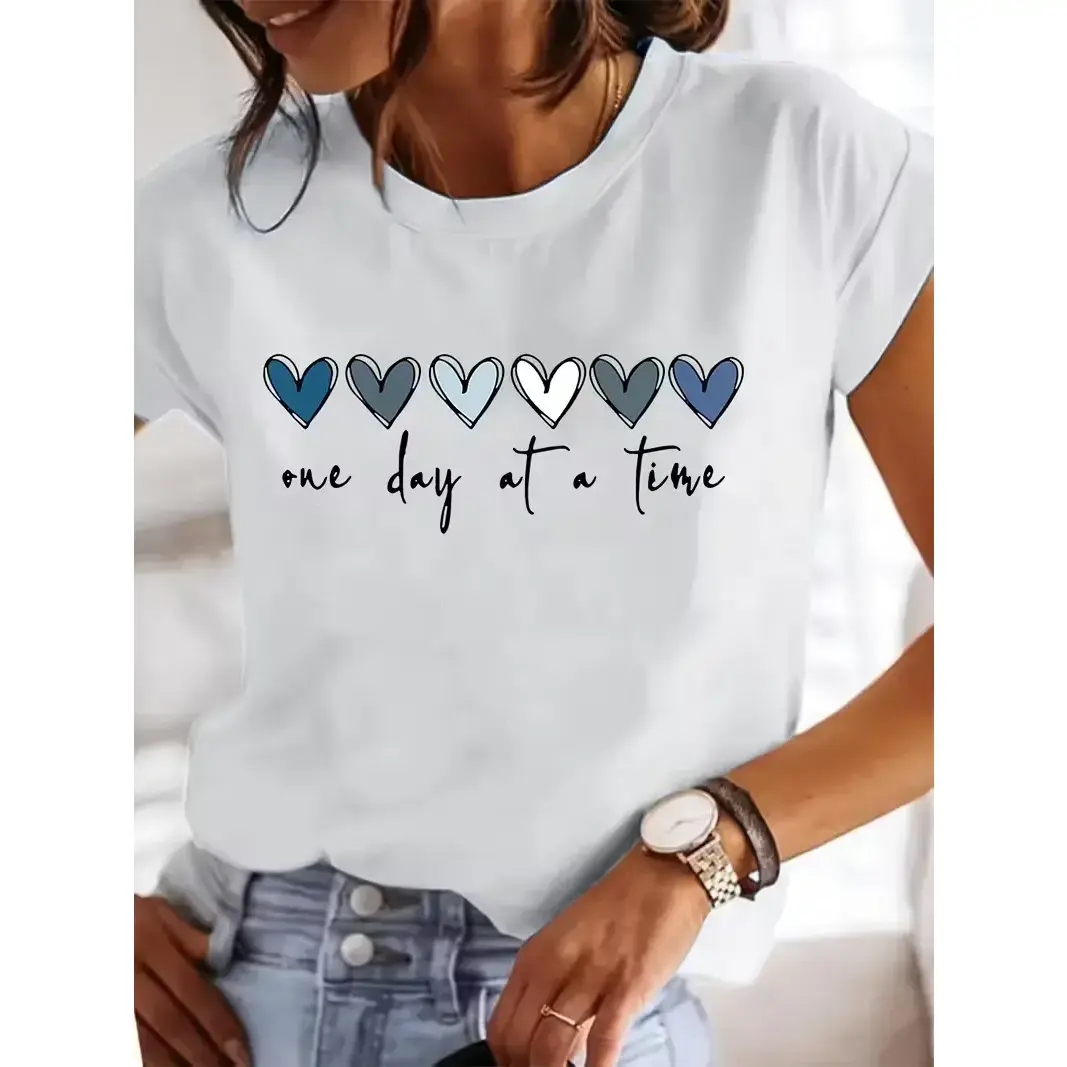 Women'S Red Heart Print T-Shirt with "One Day at a Time" Lettering - Casual Short Sleeve Crewneck Top, Everyday Casual Wear, Spring & Summer Comfort