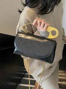 Chic Women's Imitation Leather Handbag with Unique Safety Pin Metal Handle, Versatile Crossbody and Shoulder Bag for Daily & Party Use, Daily Use Purse, Crossbody Bags