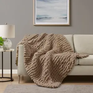 60 x 50 Throw Blanket, Polyester Chenille, Wide Knitted, Brown