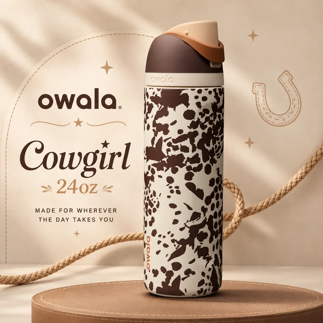 Owala Cow Print 24oz FreeSip Water Bottle – Cowgirl Core Western Tumbler, Cute Rodeo Girl Hydration Bottle