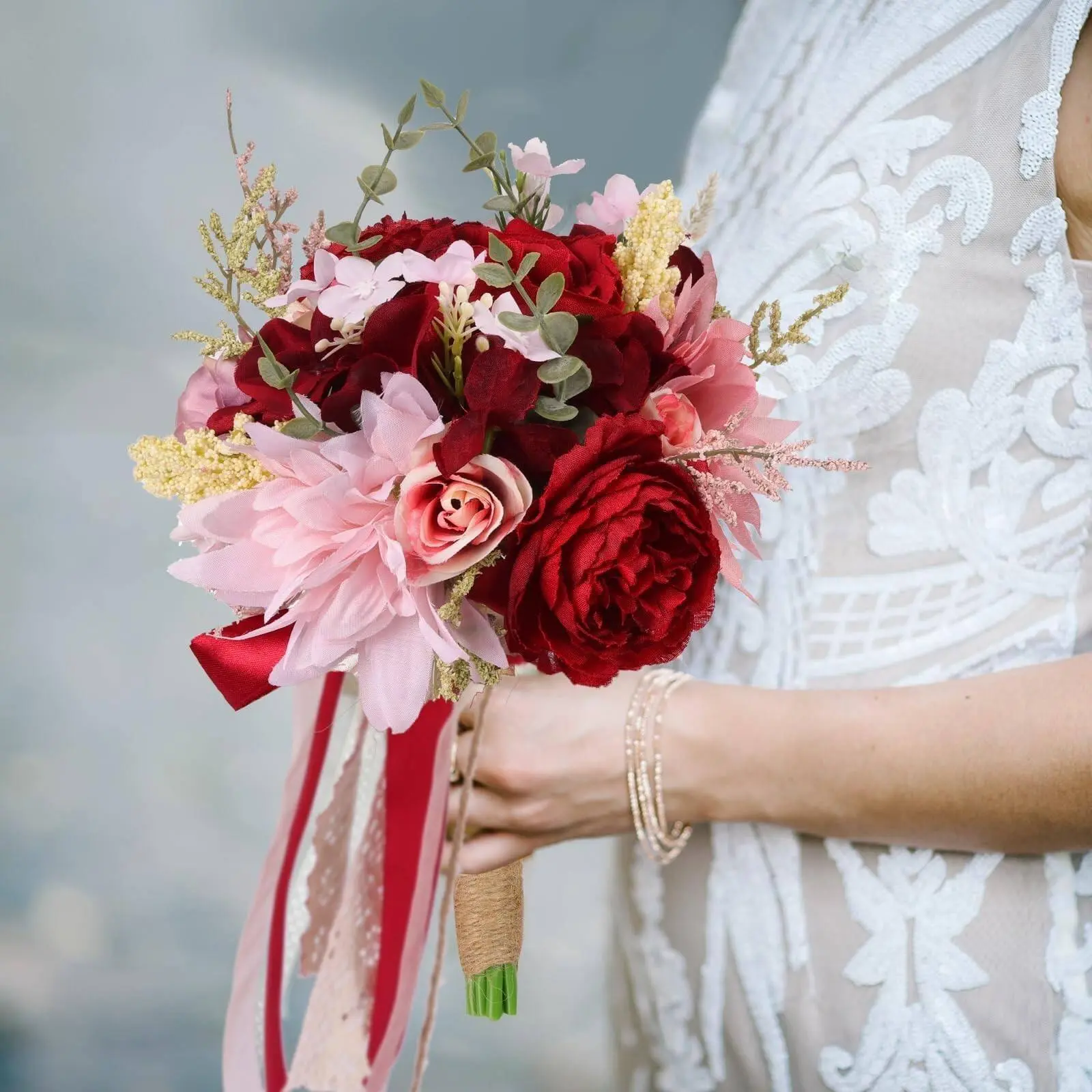 Wedding Bouquet for Bridal,Romantic Wine Red Rose Bouquet Artificial Flowers Handmade  Wedding Decoration Bouquets Gift Decorative