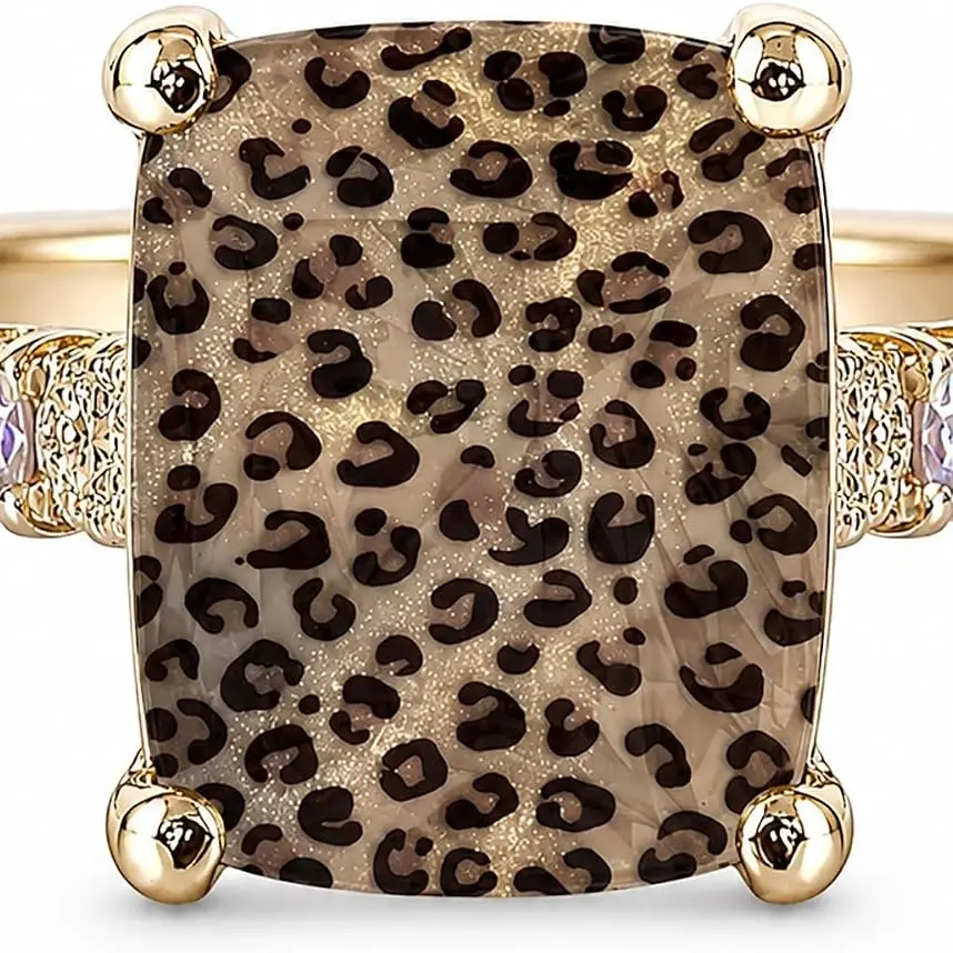 Leopard Print Ring for Women, 14k Gold Plated Cubic Zirconia Square Cocktail Rings Vintage Fashion Statement Jewelry Gift