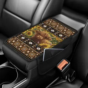 Cute Highland Cow Car Armrest Cushion Cover,Durable Stylish Fit Center Console Pad for Cars, with side pockets,Automotive Interior Decor Great Gift for Holiday Gift Fun Car Accessories