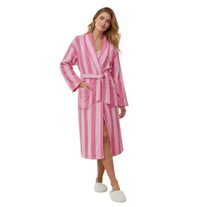 Women's Soft Summer Dressing Gown Striped Plush Shawl Collar Bathrobe Warm Lounge Robe with Belt