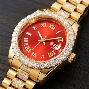 MaxBling81 Men's Stainless Steel Iced Out Moissanite Bezel Luxury Masculine All-Metal Non-Tarnish Quartz Watch - Round Red Face with Roman Numerals, Calendar Date Function, Casual Fashion Wristwatch, All-Metal Quartz Watches, Bezel Quartz Watches