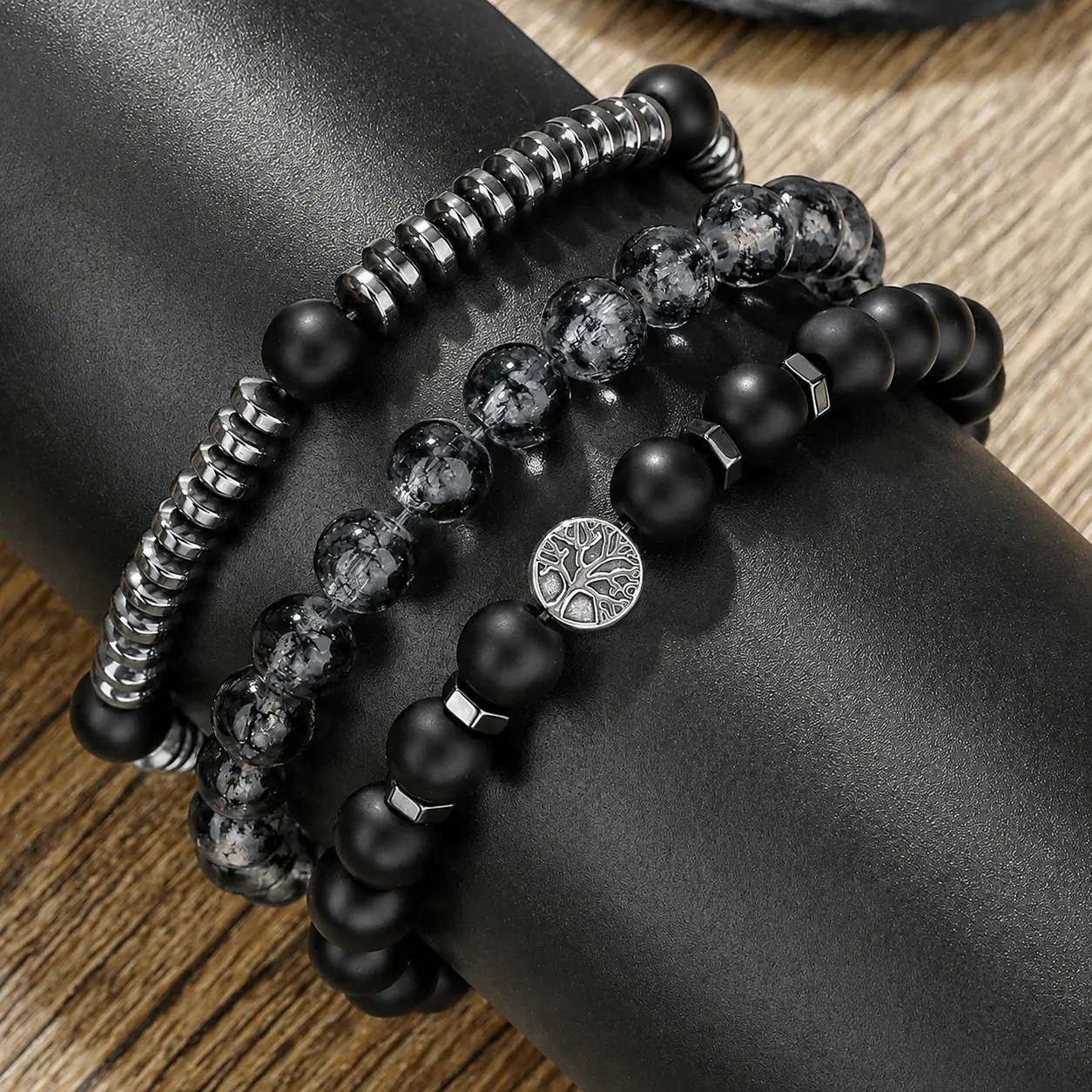 3-Piece Black Stone & Tree of Life Stretch Bracelet Set, Matte Agate & Cracked Crystal Beads, Unisex Dark Boho Stackable Accessory, Protection & Grounding Jewelry Gift for Men and Women
