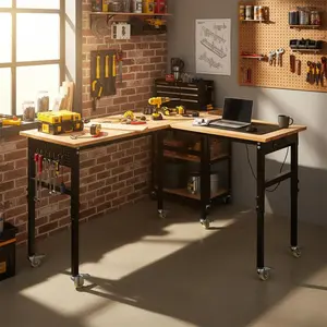 118″ L‑Shaped Adjustable Workbench Mobile Tool Table with Wheels – 2000 lbs Capacity, Power Outlet, Drawers, Pegboard, Rubber Wood Top for Garage, Workshop, or Home Office