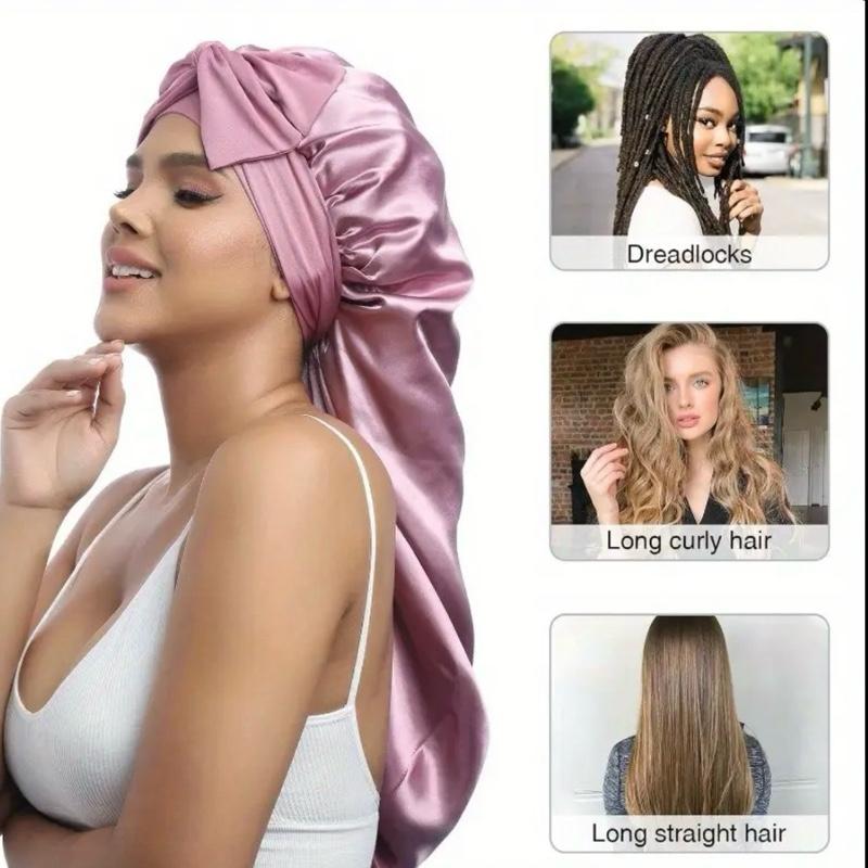Silk 2pcs Long Hair Bonnets for Sleeping - High-Quality Satin Material with Soft Feel for Comfortable Sleepwear Haircare Black+ Pink Heatless