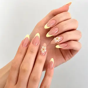 Yellow French Tip Almond Press On Nails – Handmade 10PCS Glossy Gel Acrylic Nail Set, 3D Flower Nude Pink Fake Nails, Reusable Salon Quality Birthday Gift for Women & Girls Party Wear